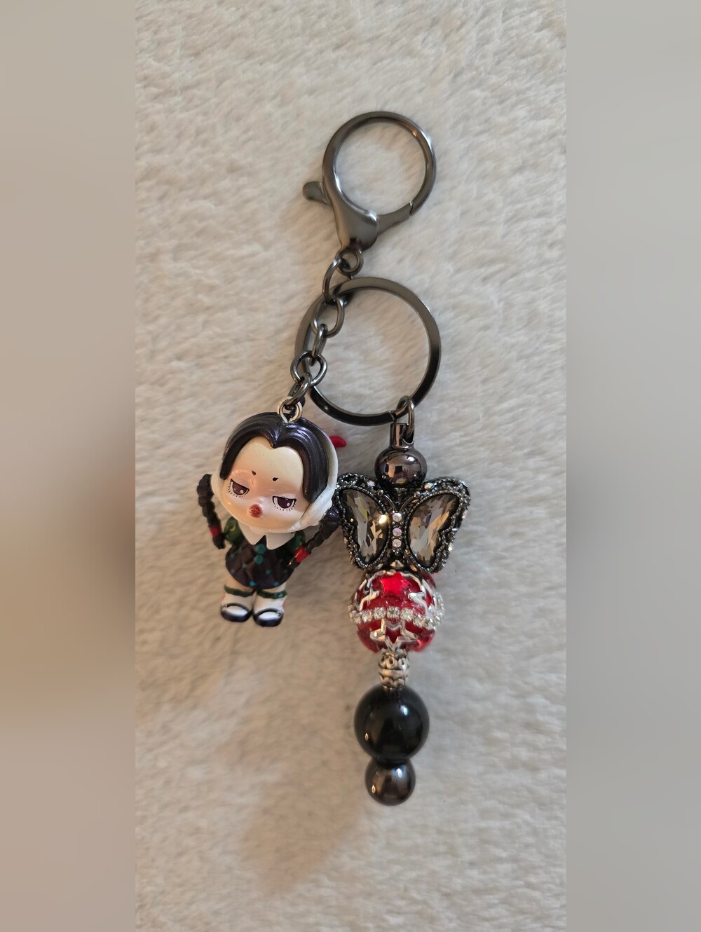 Red, Black, & White Beaded Keychain/Bag Charm - Wednesday Addams Figure